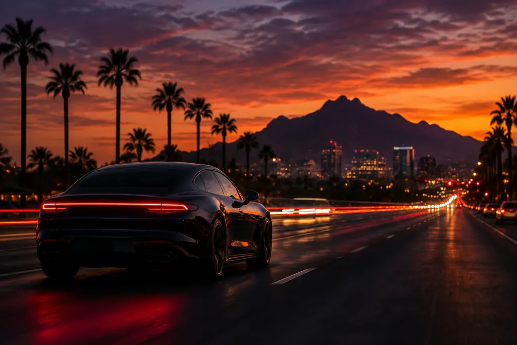 Phoenix skyline at dusk with Camelback Mountain and palm trees
