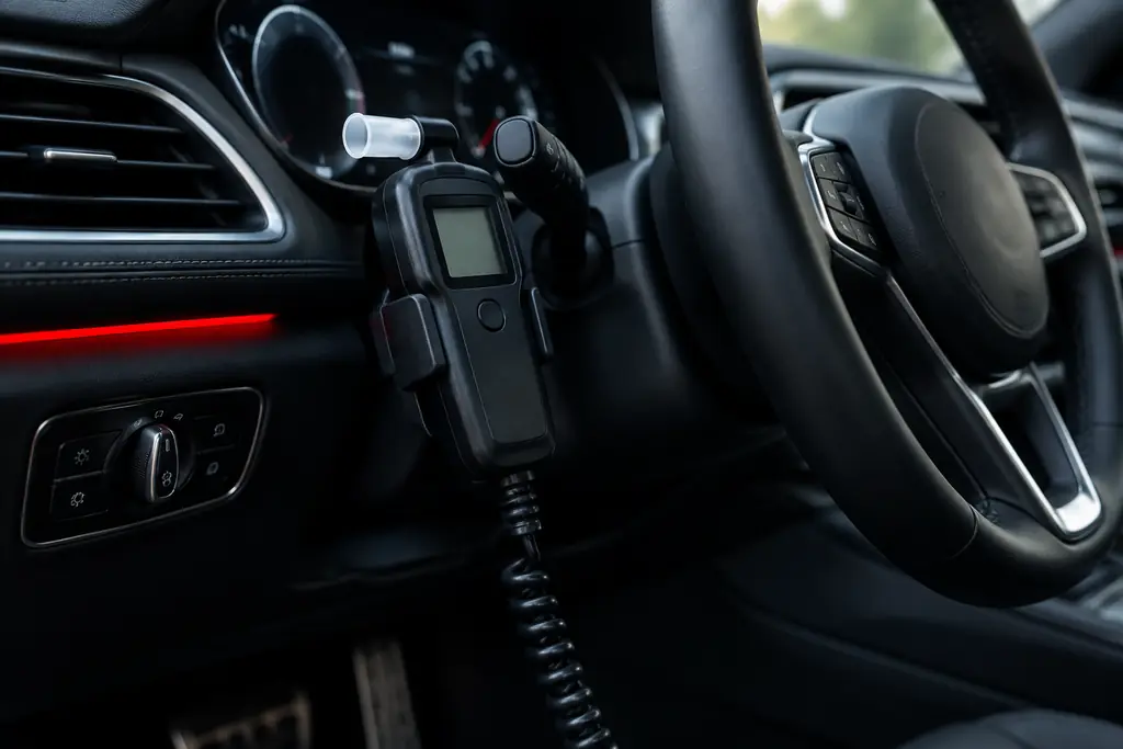 Ignition interlock breathalyzer device installed near a steering column
