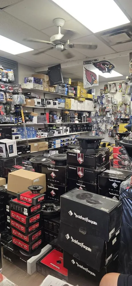 Car audio gear stocked on the Sound Image showroom wall