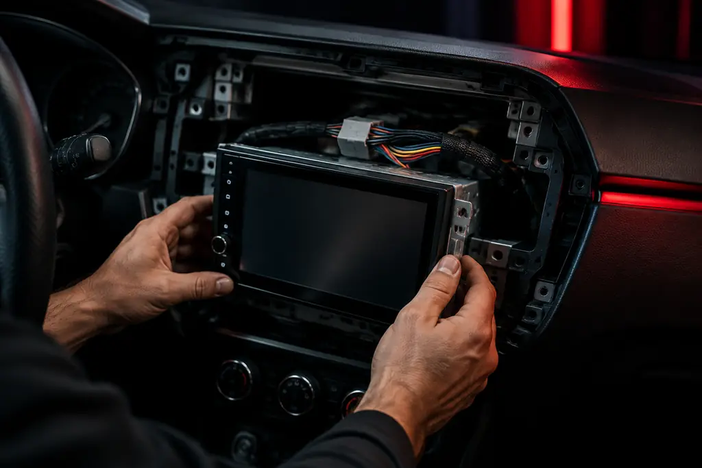 Technician installing a double-DIN touchscreen car stereo in Phoenix